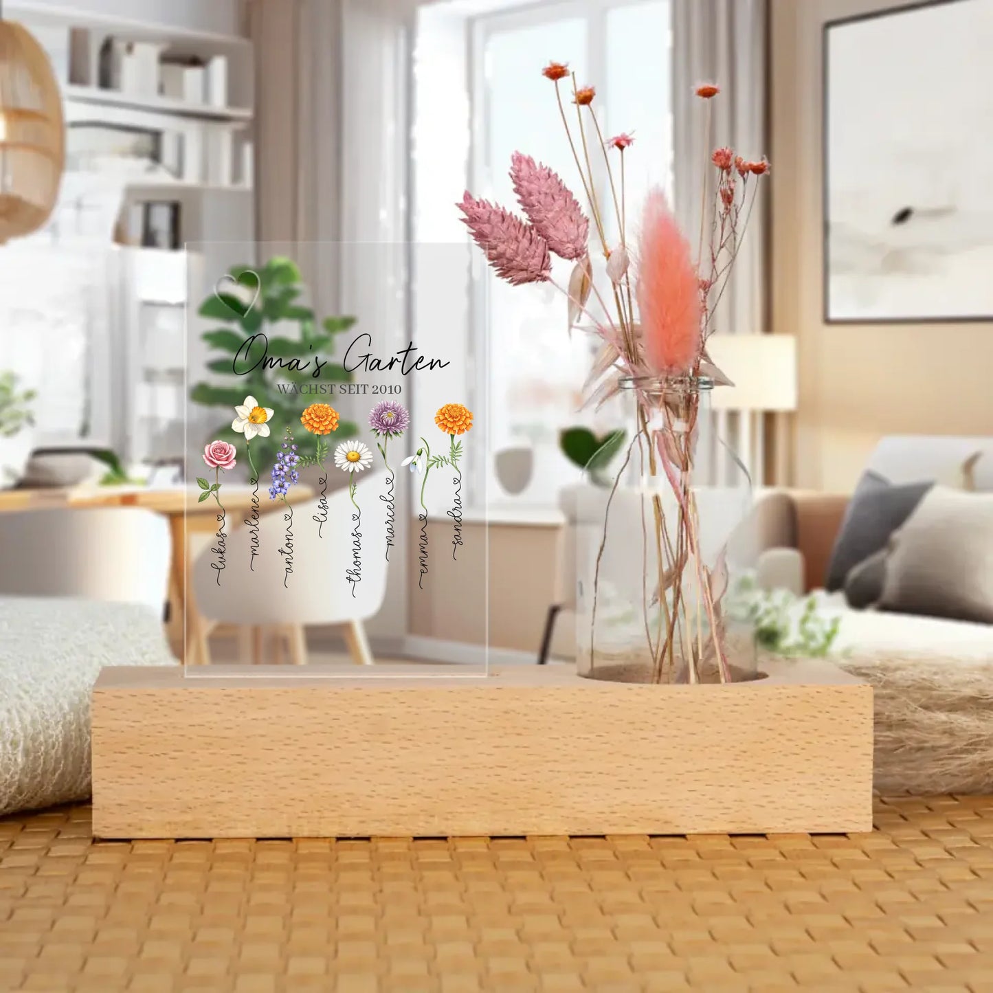 Personalisierter Trockenblumenständer - Omas Garten mit 1-8 Blumen/Namen