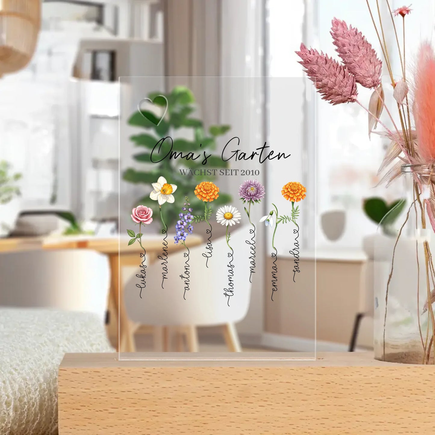Personalisierter Trockenblumenständer - Omas Garten mit 1-8 Blumen/Namen