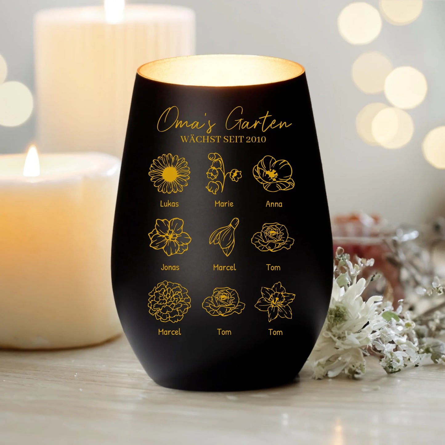 Personalisiertes Windlicht - Omas Garten mit 1-9 Blumen/Namen