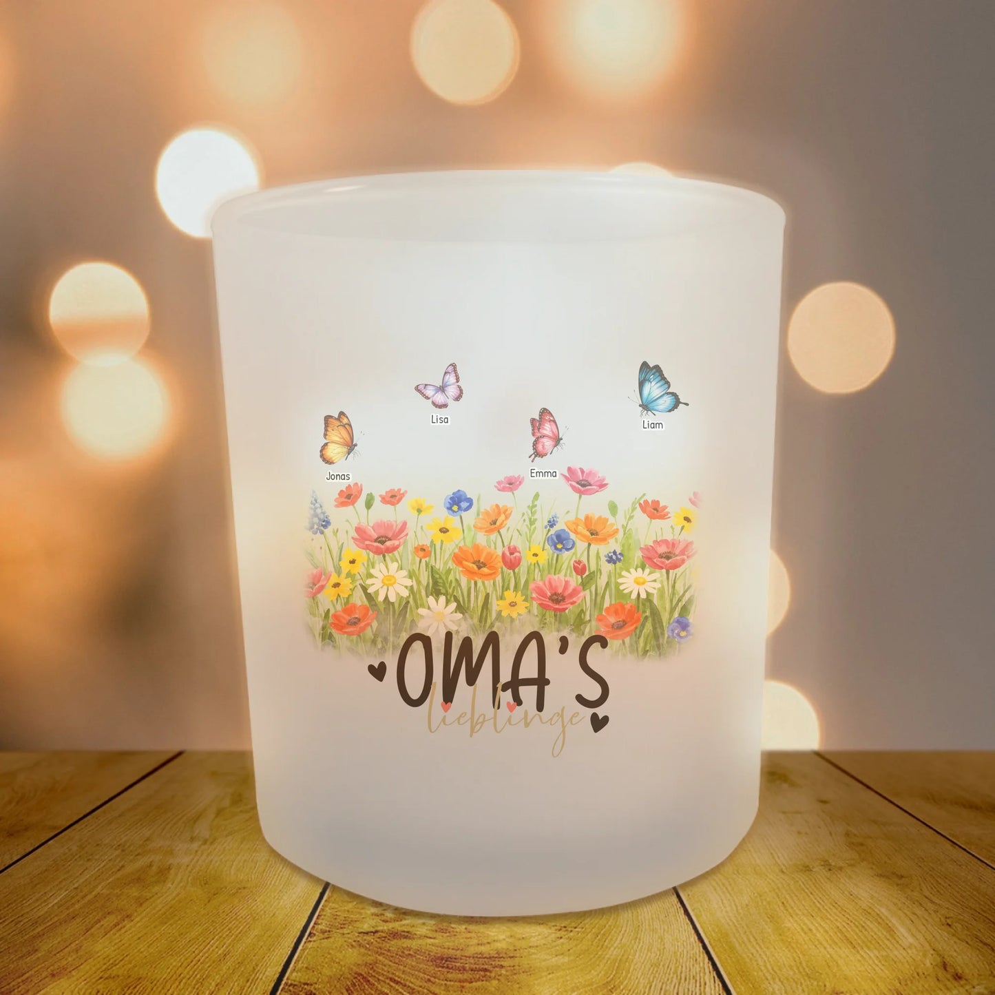 Personalisiertes Teelicht (Satin) - Oma's Garten mit 1-10 Schmetterlingen