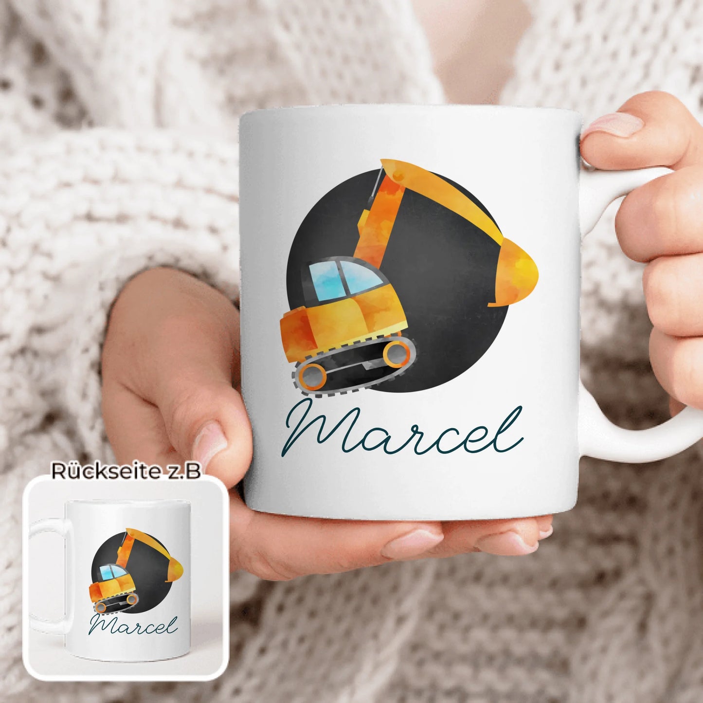 Personalisierte Kindertasse mit Bagger und Namen