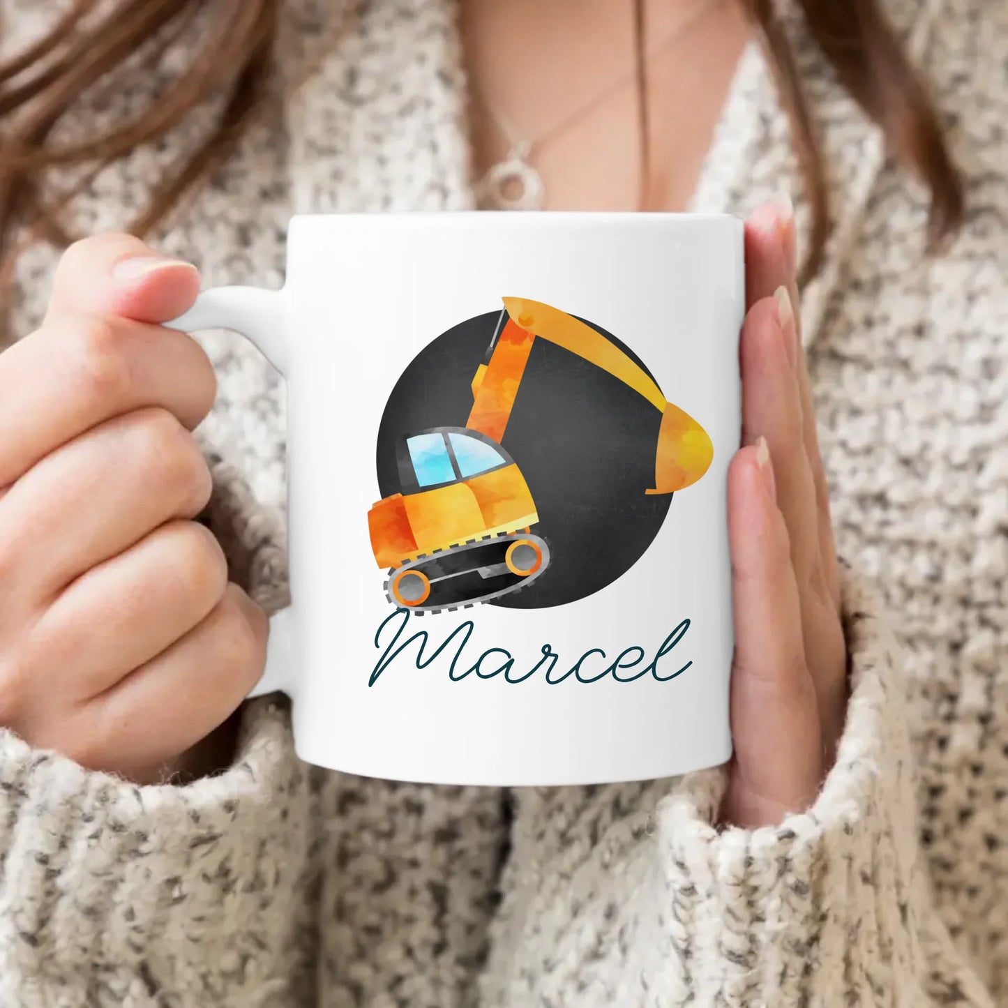 Personalisierte Kindertasse mit Bagger und Namen