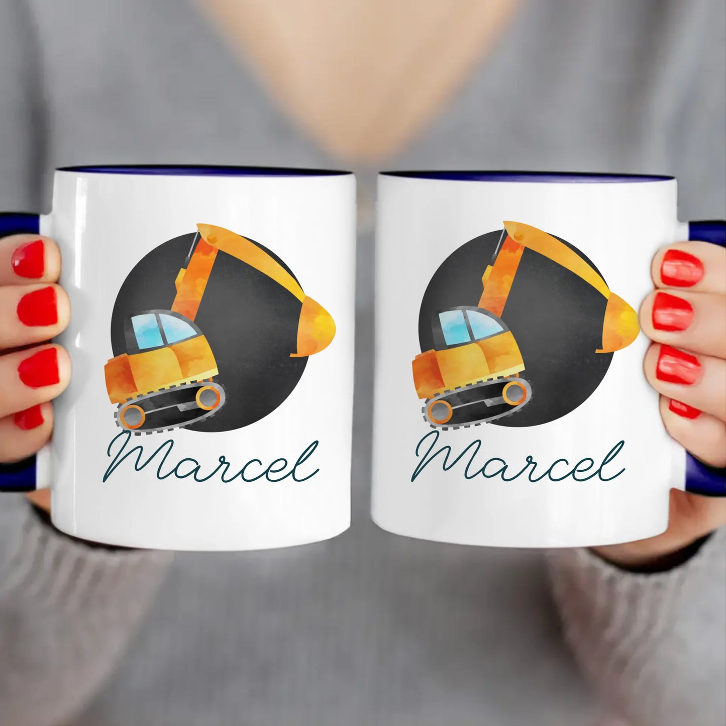 Personalisierte Kindertasse mit Bagger und Namen