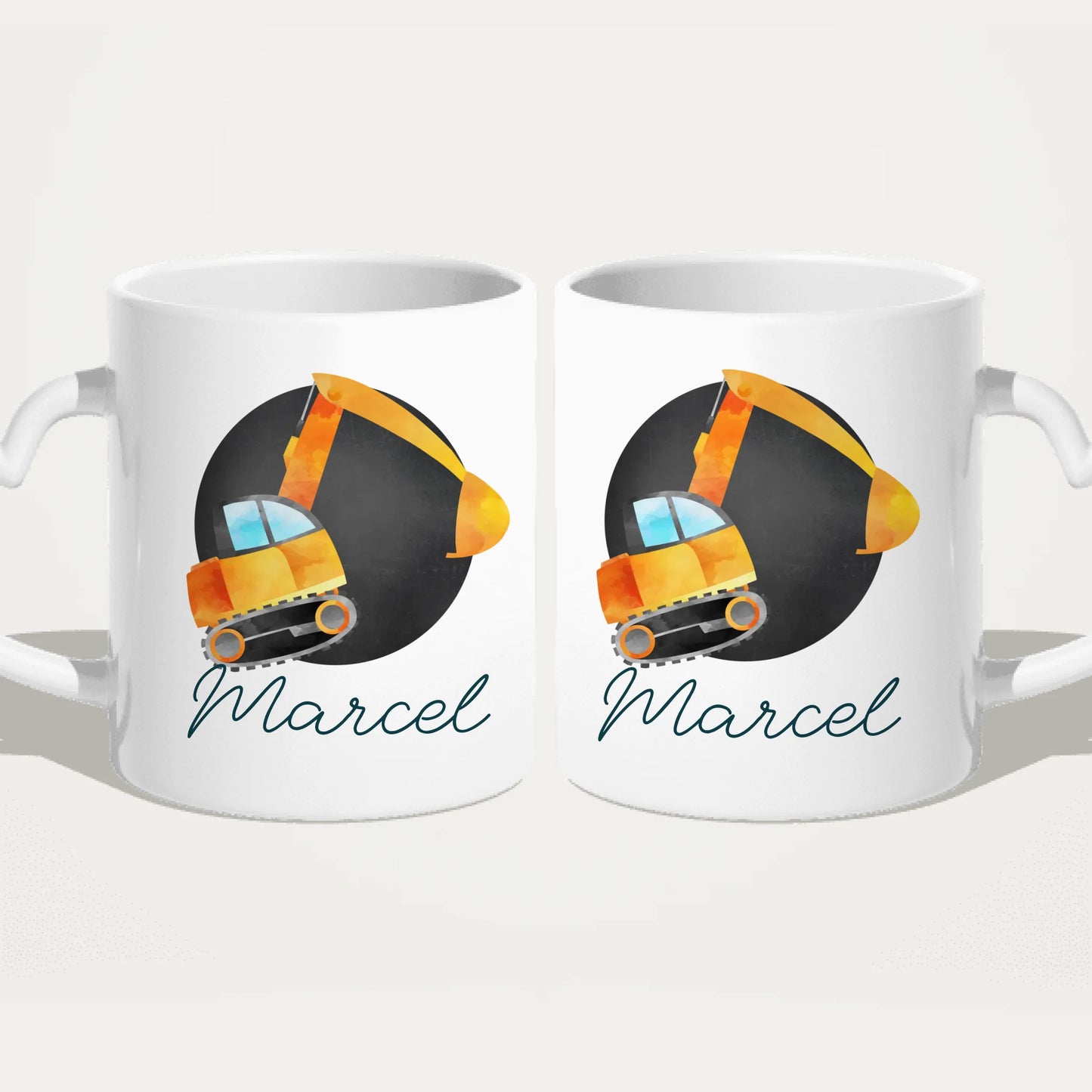 Personalisierte Kindertasse mit Bagger und Namen