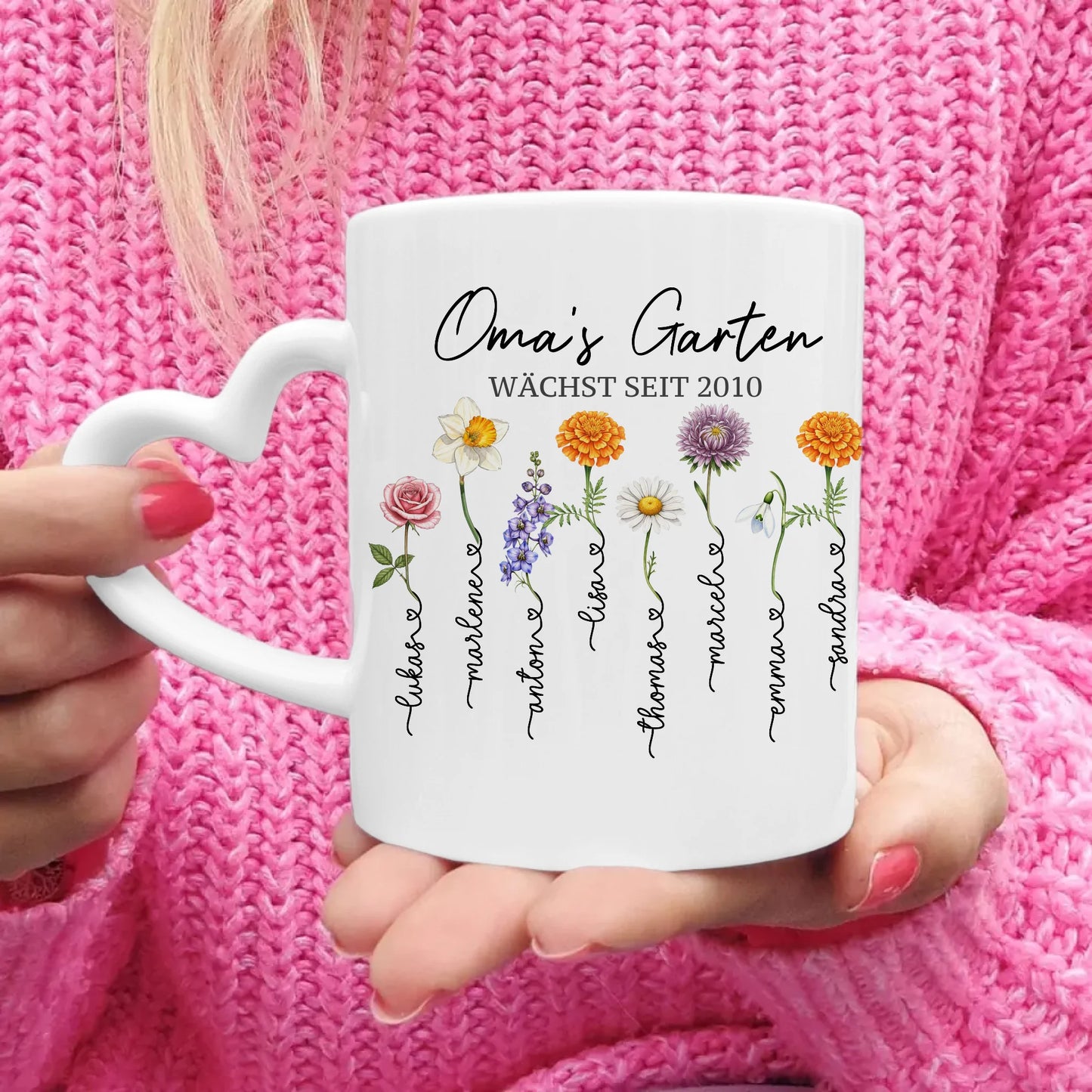 Personalisierte Tasse - Omas Garten mit 1-8 Blumen/Namen
