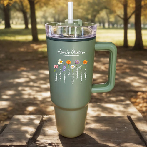 Personalisierter Thermo Cup - Omas Garten mit 1-8 Blumen/Namen