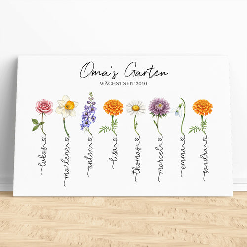 Personalisierte Leinwand - Omas Garten mit 1-14 Blumen/Namen