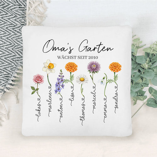 Personalisiertes Kissen - Omas Garten mit 1-8 Blumen/Namen