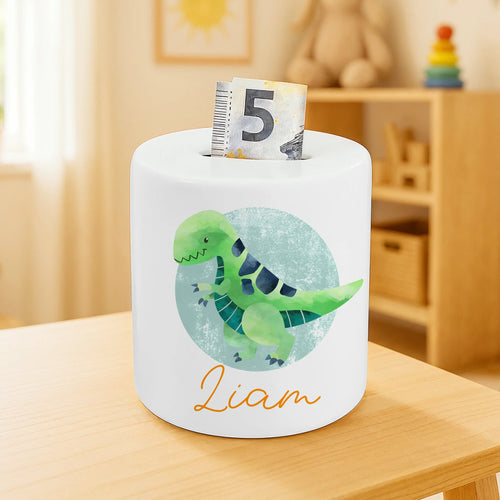 Personalisierte Spardose - Dino und Namen