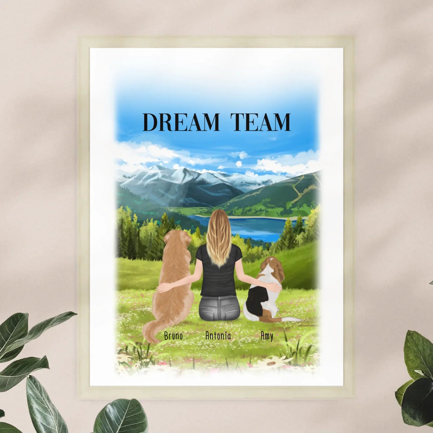 Personalisiertes Poster mit Hund und Frau (2 Hunde + 1 Frau)