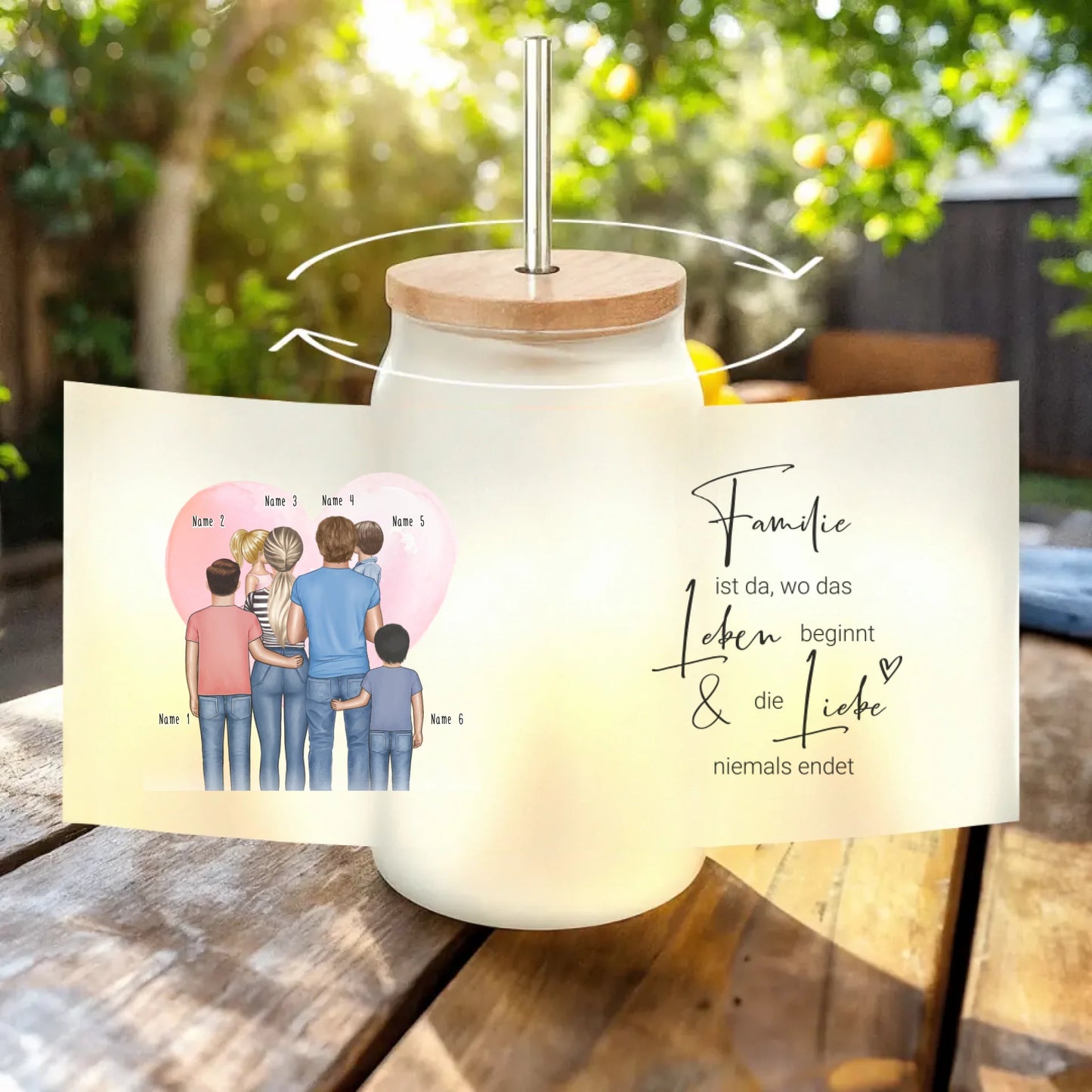 Personalisiertes Trinkglas mit Strohhalm - Familie mit 1-4 Kindern