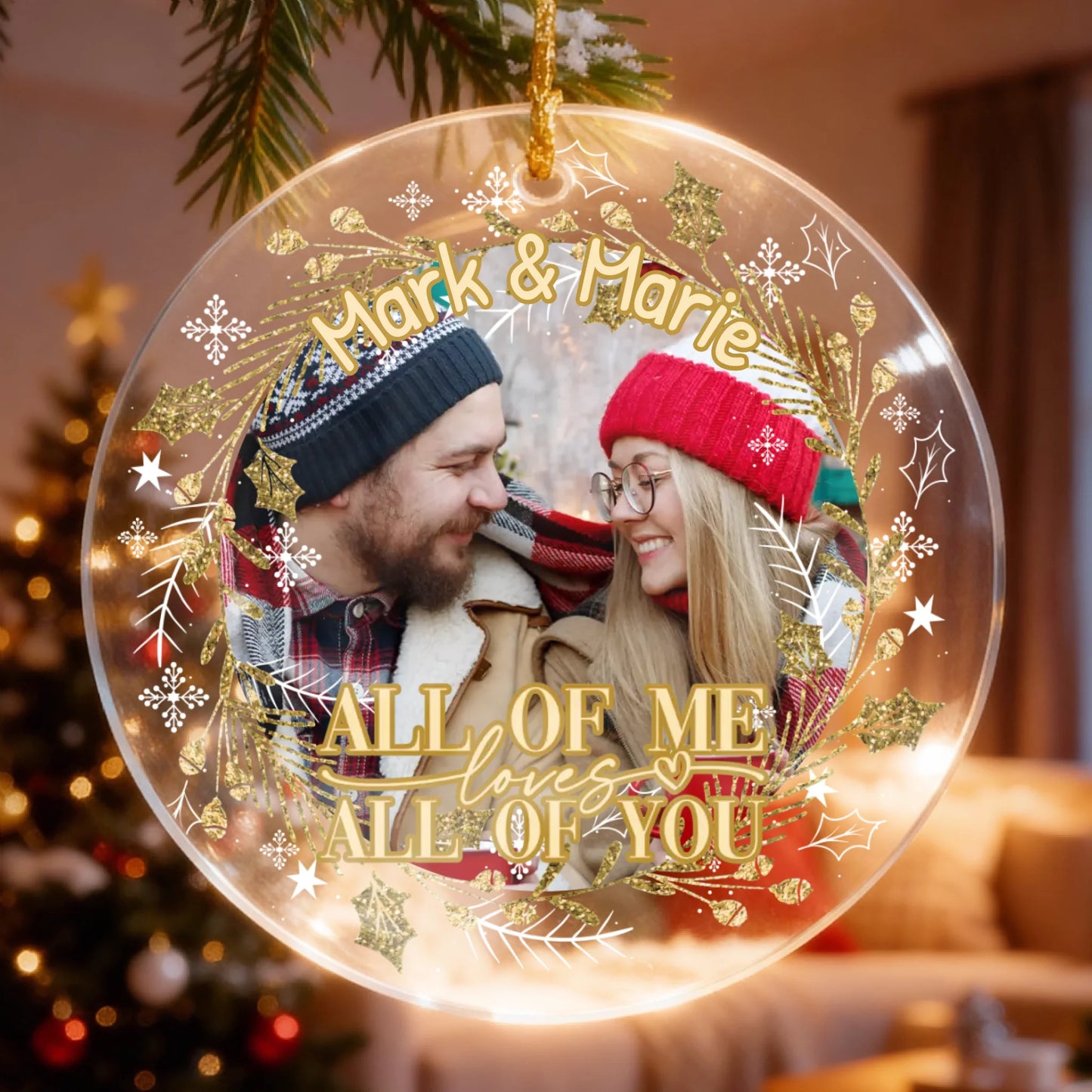 Personalisierter Weihnachtsbaumanhänger - Bild + Namen + Spruch - Paare/Familien