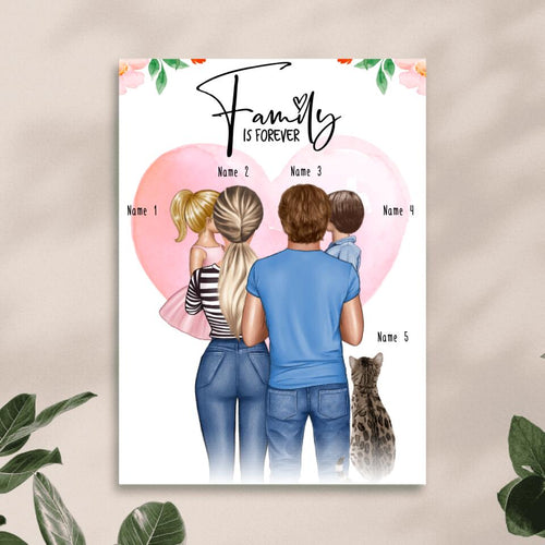 Personalisiertes Poster - Familie + 2 Kinder auf Arm + 1 Katze