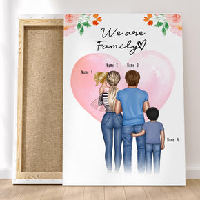 Personalisierte Leinwand - Familie + 1 Baby/Kind auf dem Arm + 1 Baby/Kind/Teenager stehend