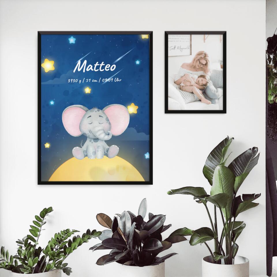 Personalisiertes Baby/Kinder Poster - Sternenhimmel mit schlafenden Tieren + Kindernamen