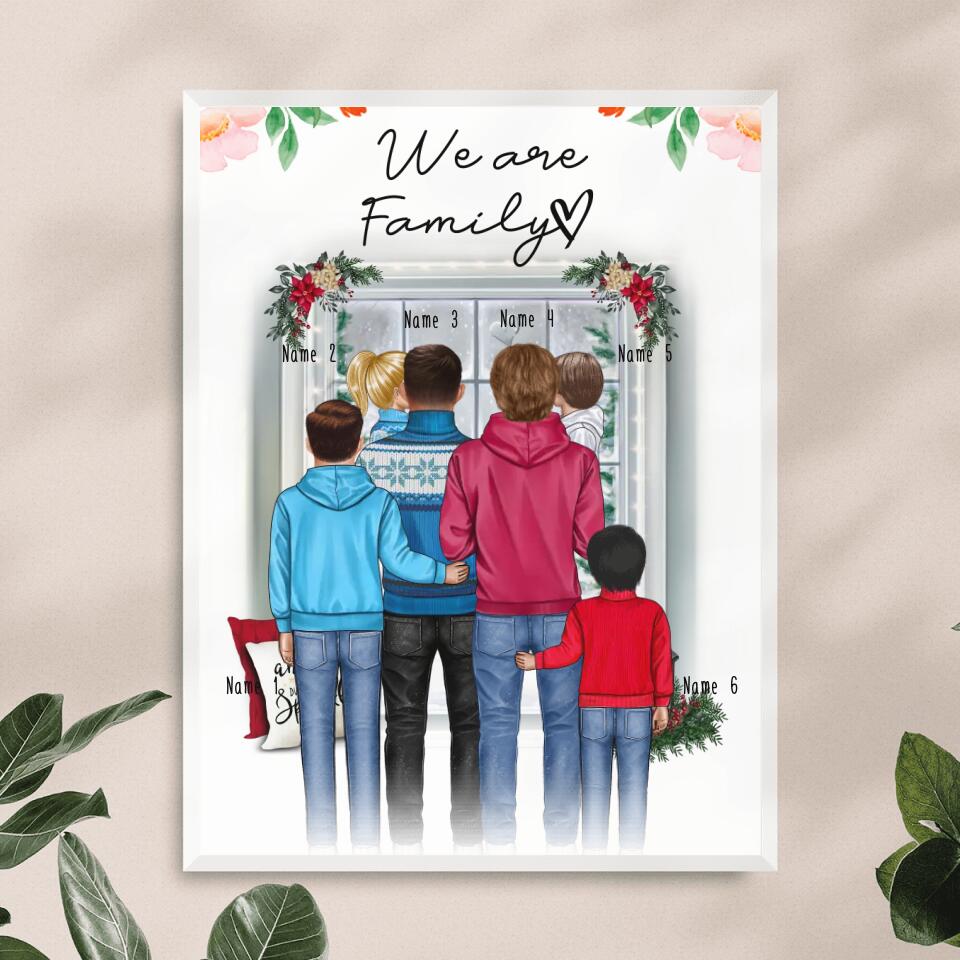 Personalisiertes Poster - Familie (schwul/gleichgeschlechtlich) + 1-4 Kinder - Weihnachtsposter