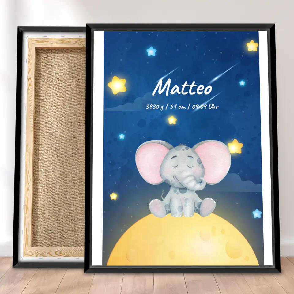 Personalisierte Baby/Kinder Leinwand - Sternenhimmel mit schlafenden Tieren + Kindernamen