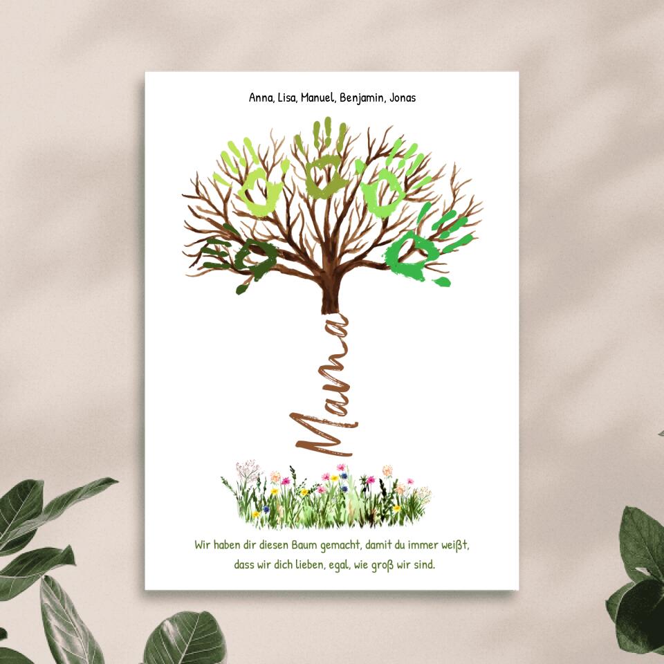 Personalisiertes Poster - "Wir lieben dich, egal, wie groß wir sind" - Baum für Mama/Papa mit Handabdrücken