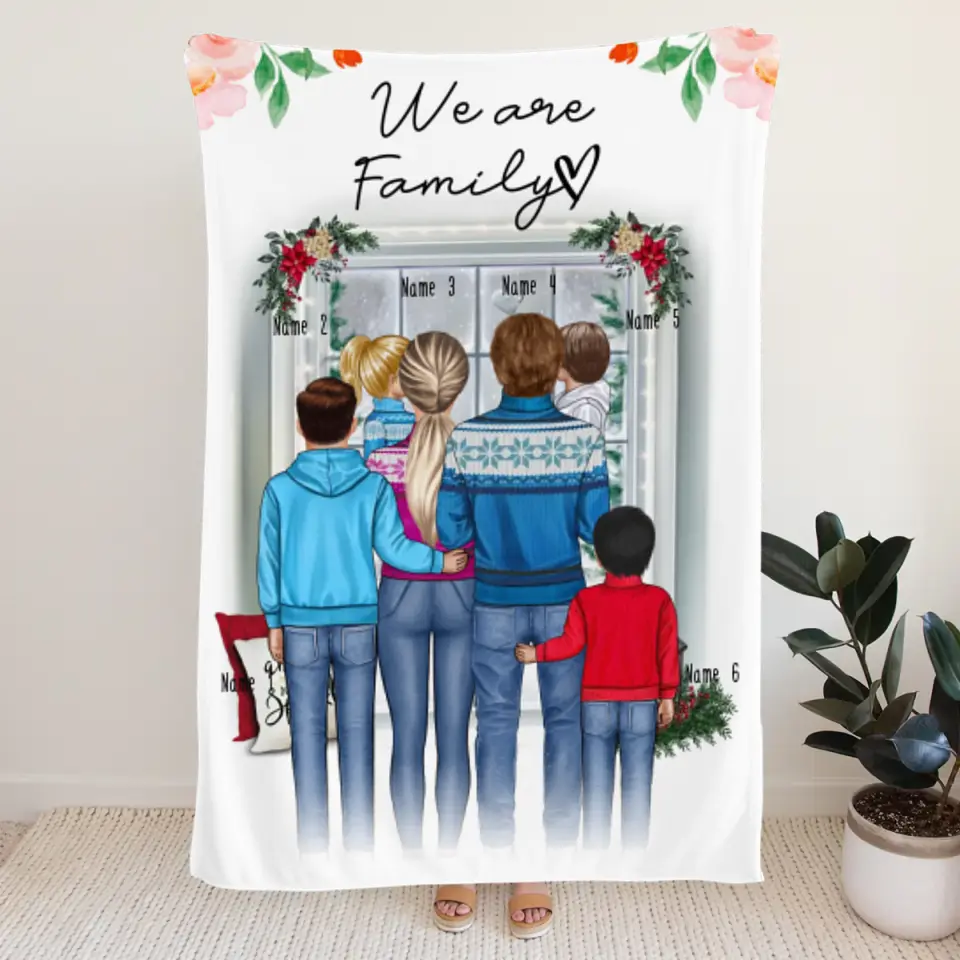 Personalisierte Decke - Familie + 1-4 Kinder - Weihnachtsdecke