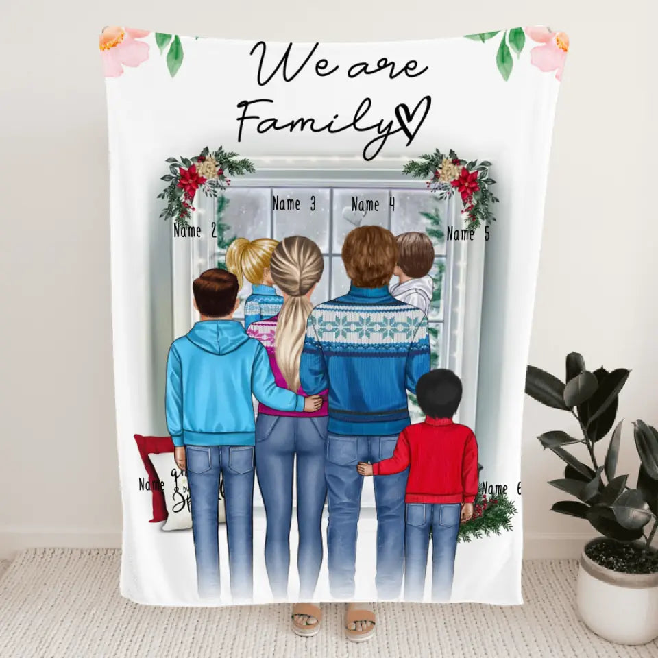 Personalisierte Decke - Familie + 1-4 Kinder - Weihnachtsdecke