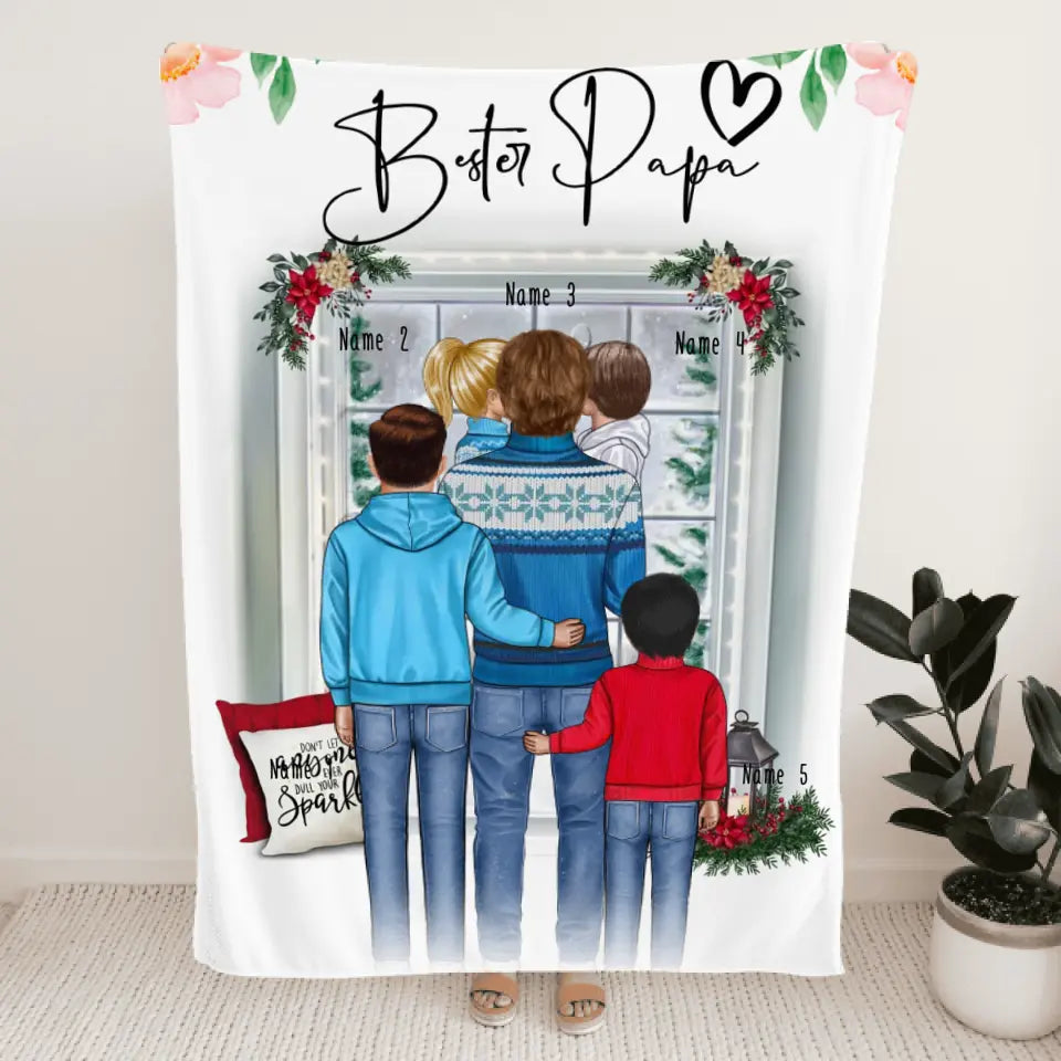 Personalisierte Decke - Papa/Vater + 1-4 Kinder - Weihnachtsdecke