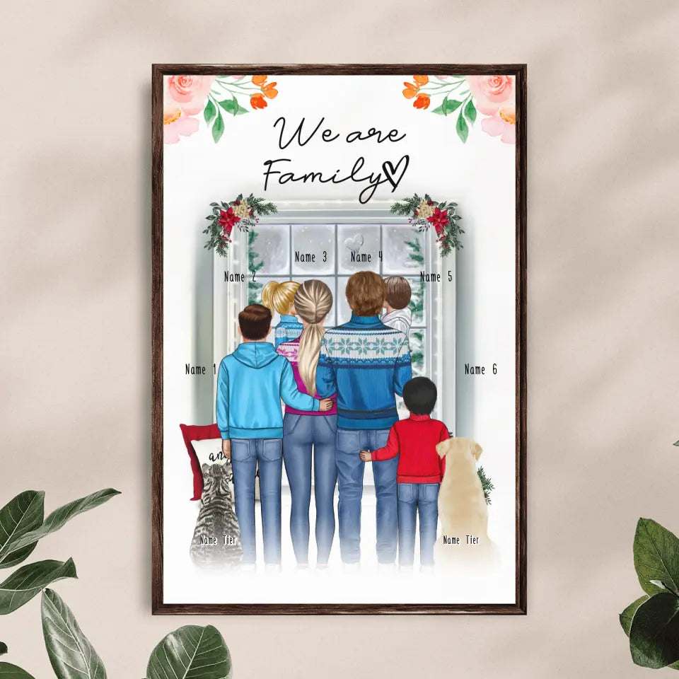 Personalisiertes Poster - Familie + 1-4 Kinder + 1-2 Hunde/Katzen - Weihnachtsposter