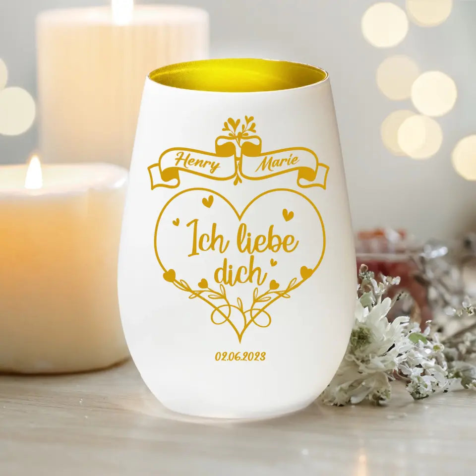 Personalisiertes Windlicht - "Ich liebe dich" mit Namen und Datum - Paar