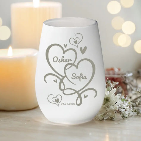 Personalisiertes Windlicht - 2 Herzen mit Namen und Datum - Paar