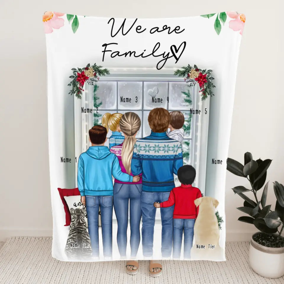 Personalisierte Decke - Familie + 1-4 Kinder + 1-2 Hunde/Katzen - Weihnachtsdecke