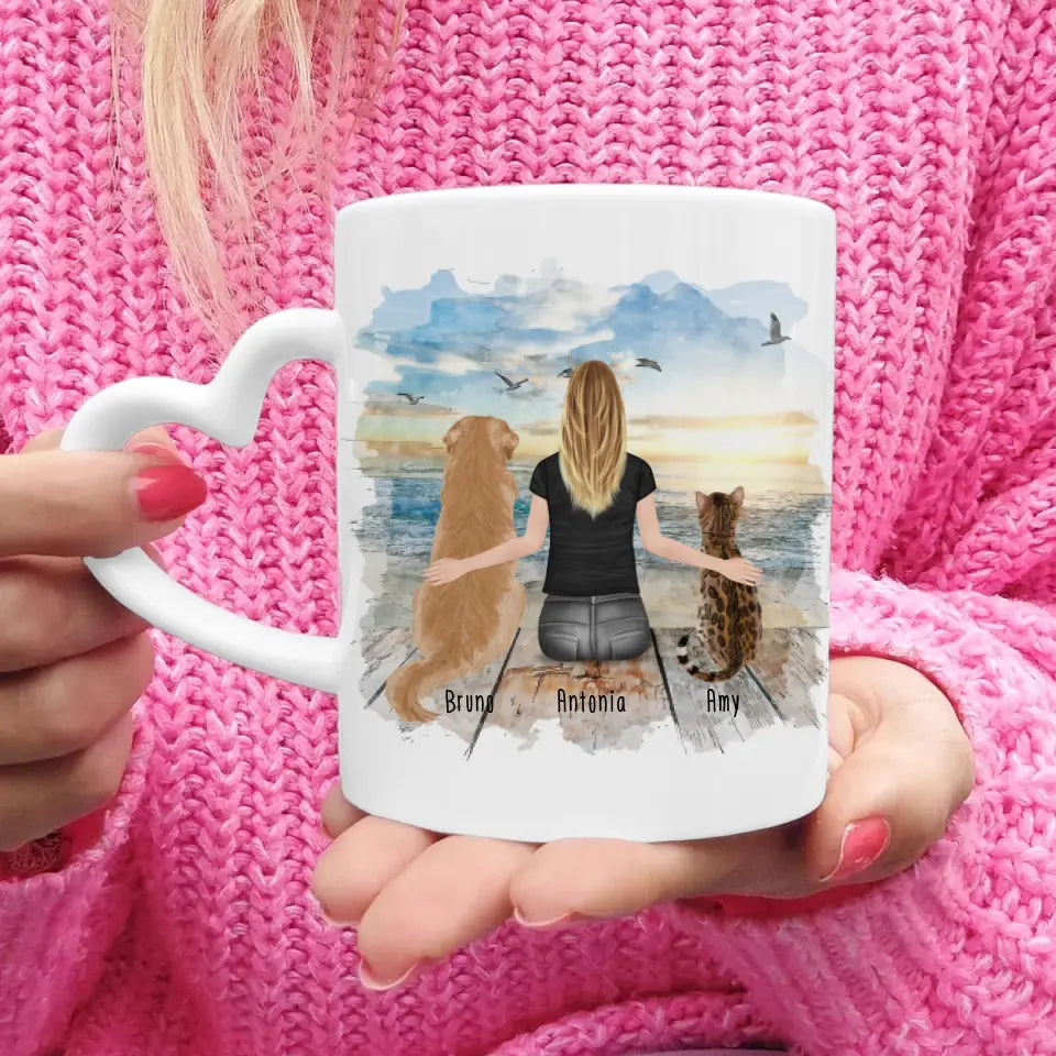 Personalisierte Tasse mit Hund/Katze/Frau (1 Hunde + 1 Katze + 1 Frau)