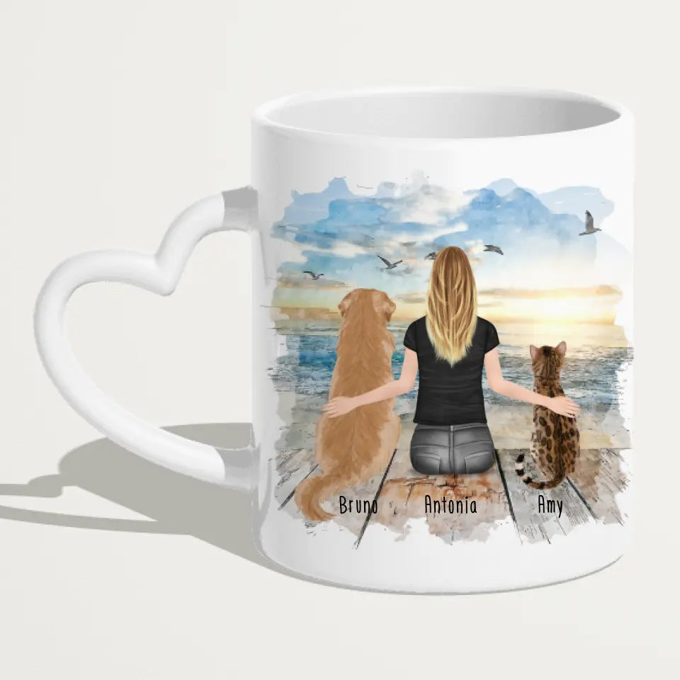 Personalisierte Tasse mit Hund/Katze/Frau (1 Hunde + 1 Katze + 1 Frau)