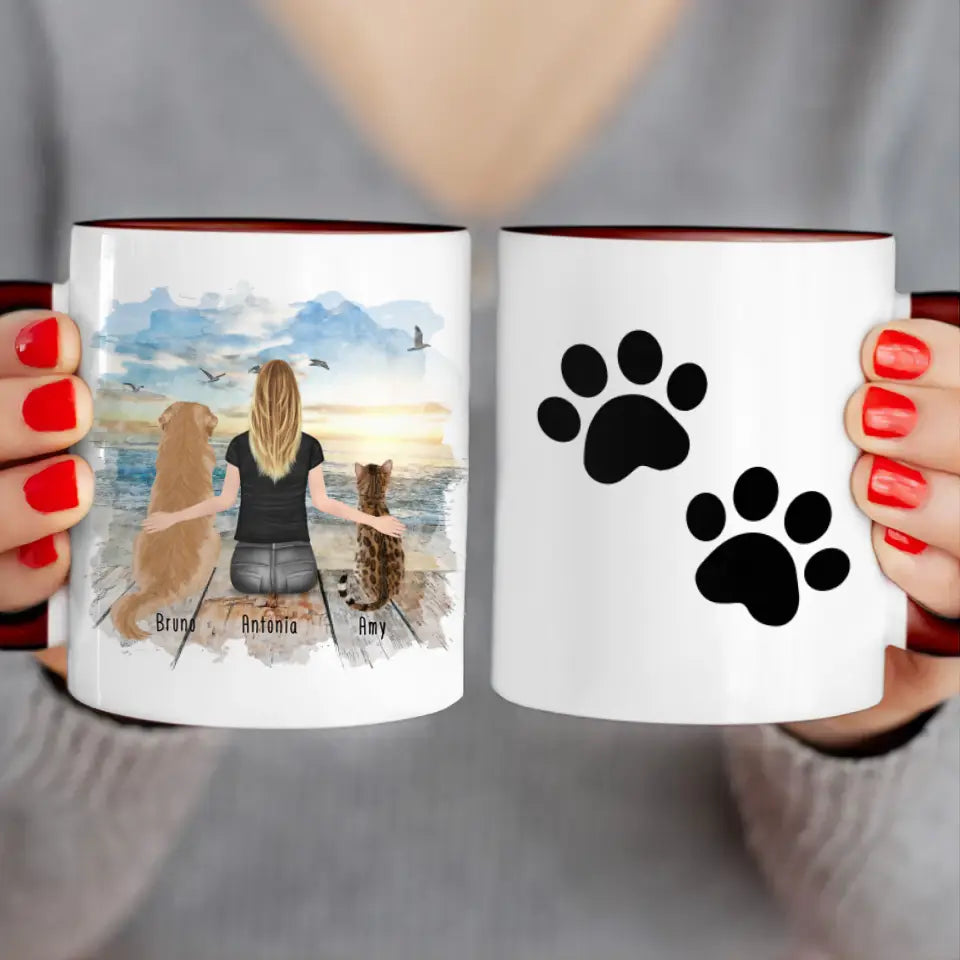 Personalisierte Tasse mit Hund/Katze/Frau (1 Hunde + 1 Katze + 1 Frau)