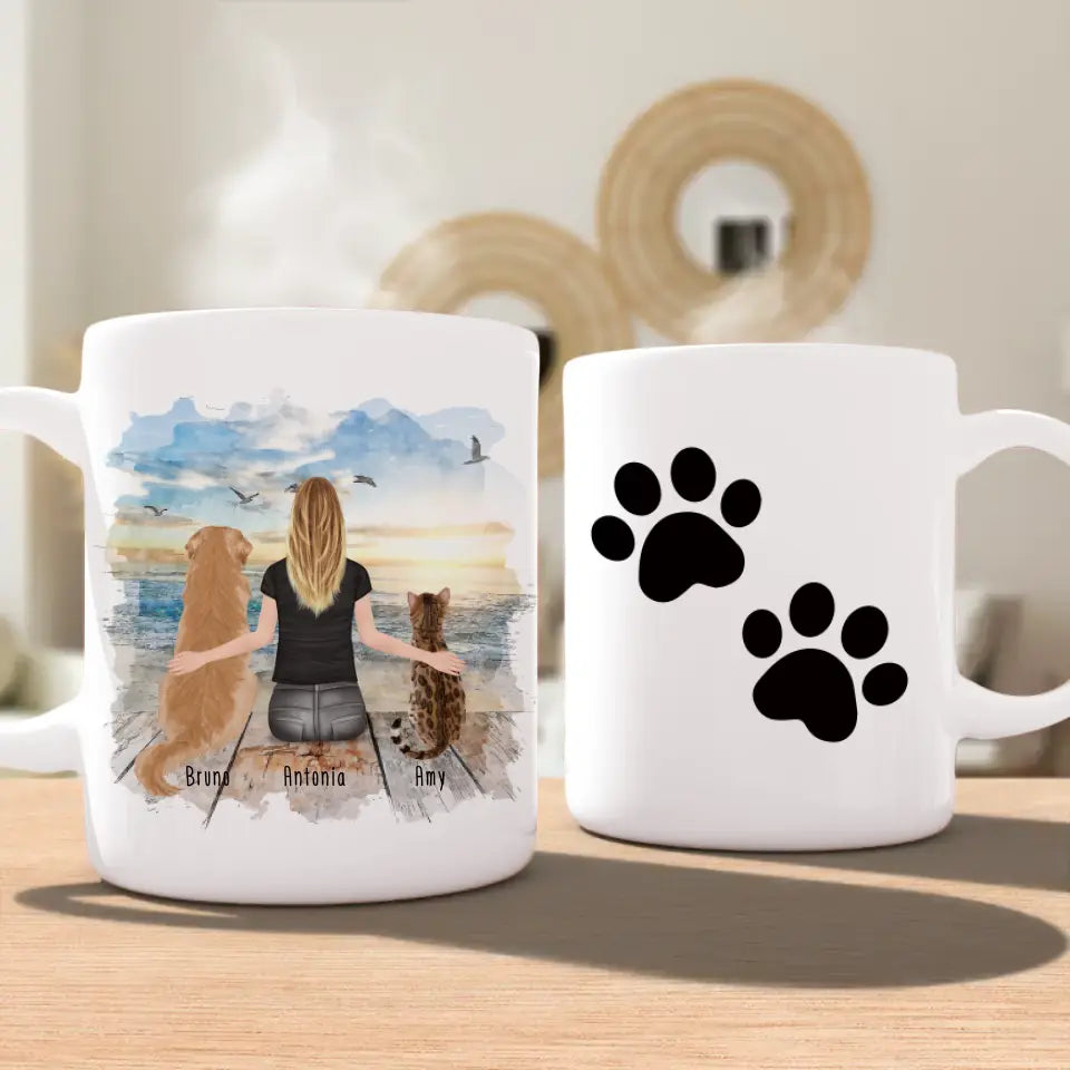 Personalisierte Tasse mit Hund/Katze/Frau (1 Hunde + 1 Katze + 1 Frau)