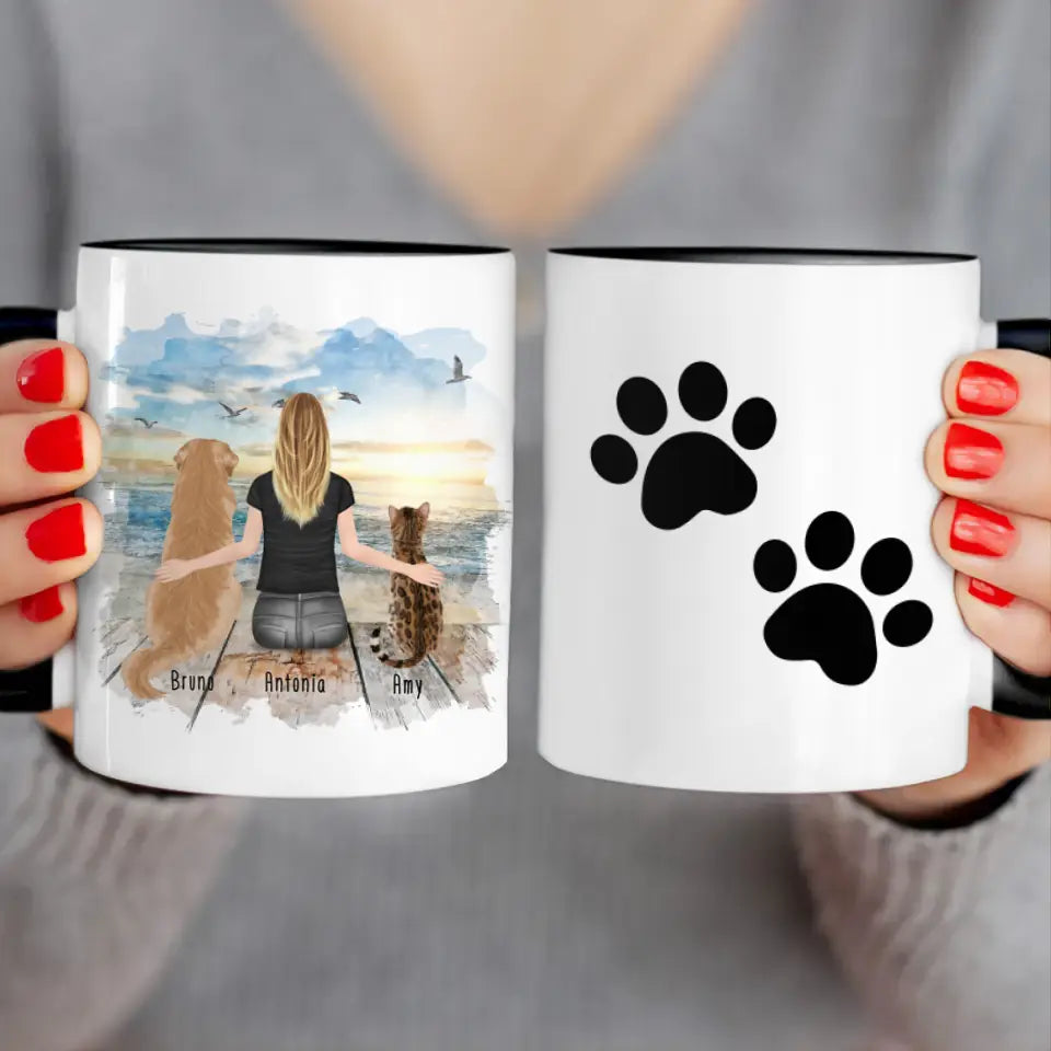 Personalisierte Tasse mit Hund/Katze/Frau (1 Hunde + 1 Katze + 1 Frau)