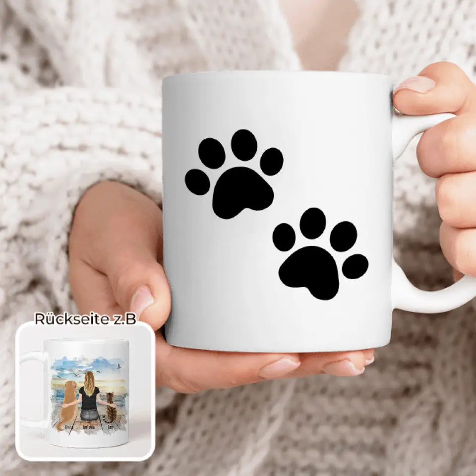 Personalisierte Tasse mit Hund/Katze/Frau (1 Hunde + 1 Katze + 1 Frau)