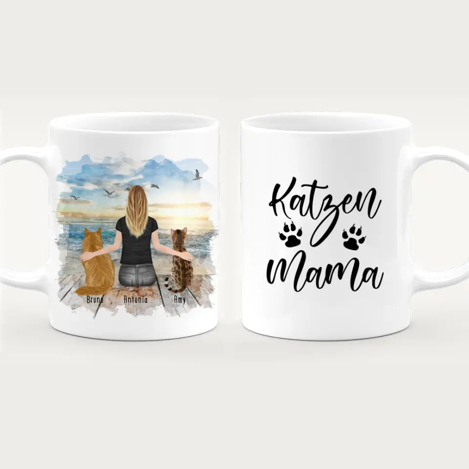 Personalisierte Tasse mit Katze und Frau (2 Katzen + 1 Frau)