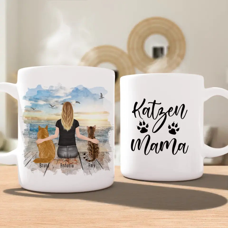 Personalisierte Tasse mit Katze und Frau (2 Katzen + 1 Frau)