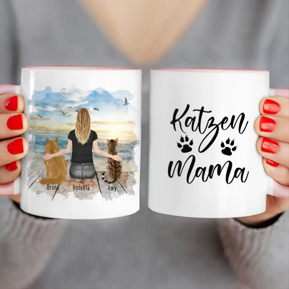 Personalisierte Tasse mit Katze und Frau (2 Katzen + 1 Frau)