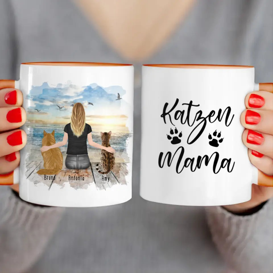 Personalisierte Tasse mit Katze und Frau (2 Katzen + 1 Frau)