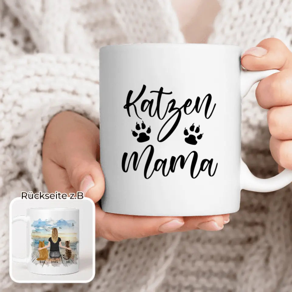 Personalisierte Tasse mit Katze und Frau (2 Katzen + 1 Frau)