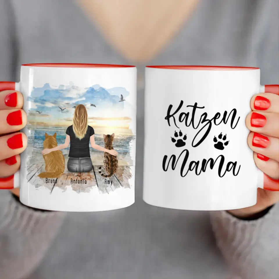 Personalisierte Tasse mit Katze und Frau (2 Katzen + 1 Frau)