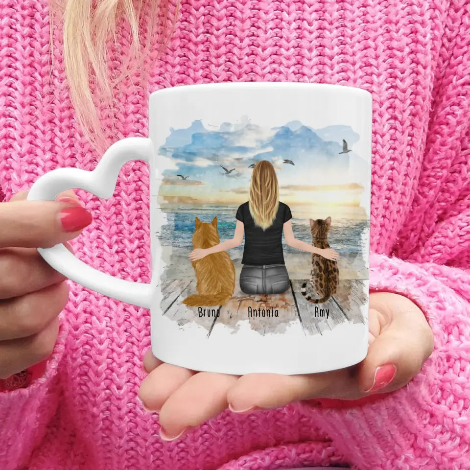 Personalisierte Tasse mit Katze und Frau (2 Katzen + 1 Frau)