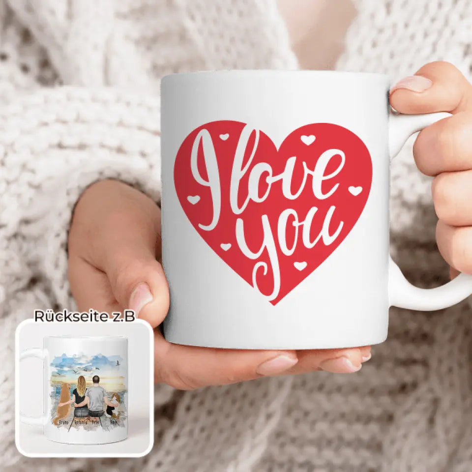 Personalisierte Tasse mit Pärchen und 2 Hunden