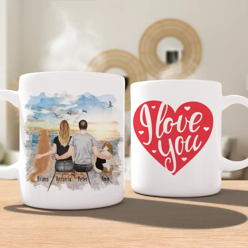 Personalisierte Tasse mit Pärchen und 2 Hunden