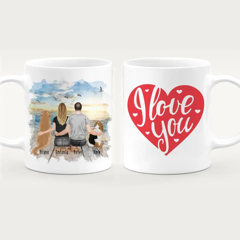 Personalisierte Tasse mit Pärchen und 2 Hunden