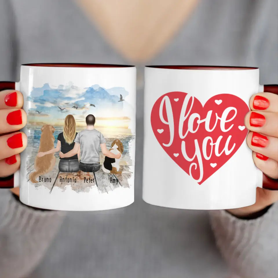 Personalisierte Tasse mit Pärchen und 2 Hunden