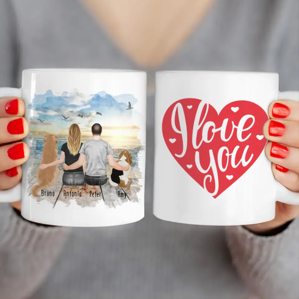 Personalisierte Tasse mit Pärchen und 2 Hunden