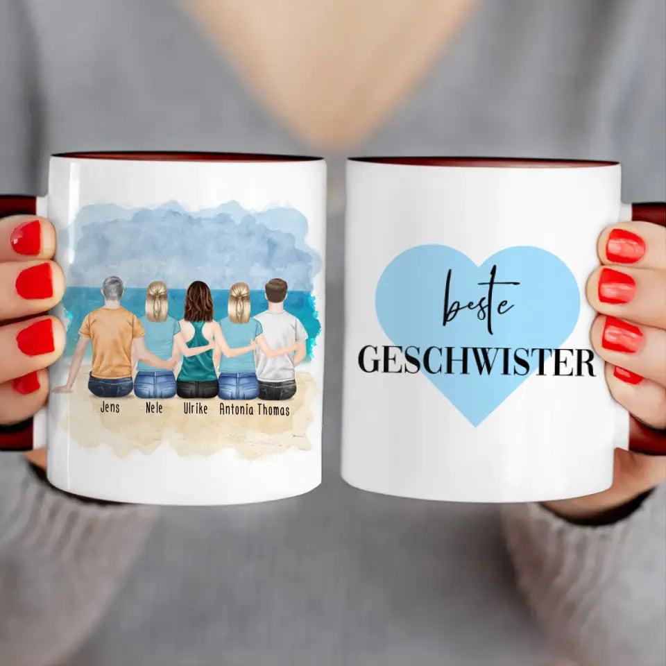 Personalisierte Tasse mit Bruder/Schwester (3 Schwestern + 2 Brüder)