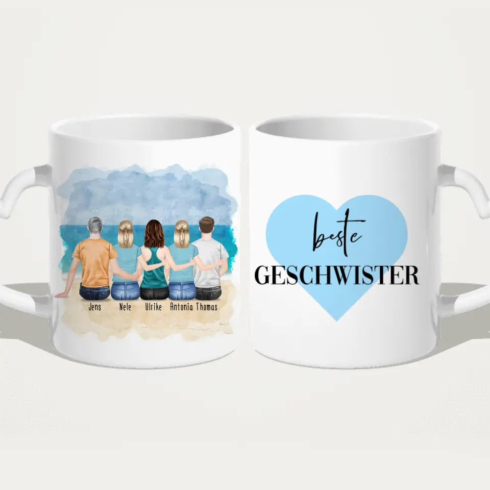 Personalisierte Tasse mit Bruder/Schwester (3 Schwestern + 2 Brüder)