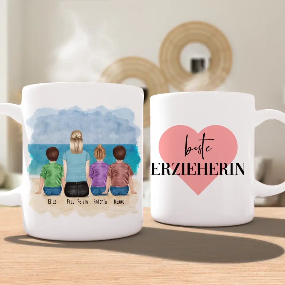 Personalisierte Tasse mit Erzieherin (3 Kinder)